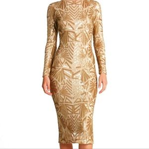 🌺 Dress the Population gold sequin midi dress long sleeves S